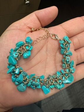 Turquoise Beaded Cluster Bracelet - Blue Gold Chain